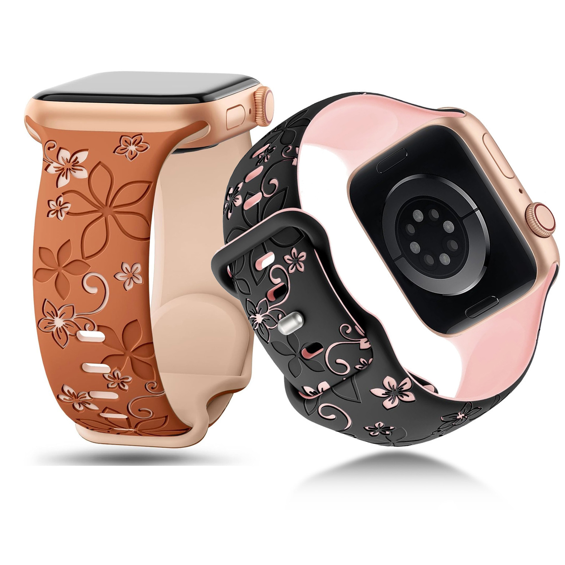 Two-Tone Bauhinia Flower Laser Engraved Embossed Butterfly Clasp Watch Strap For Apple Watch Ultra 2 49mm Band For Iwatch 9 8 7 (GJB-890)